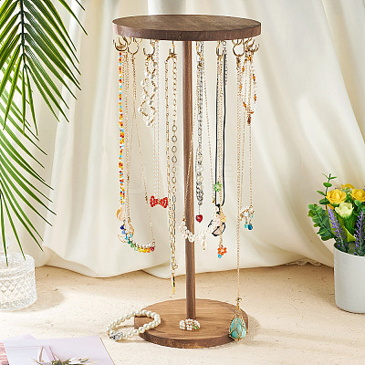 Rotatable Round Wood Jewelry Necklace Display Organizer Hanging Tower Rack NDIS-TAC0001-01B-1