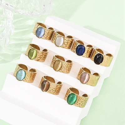 304 Stainless Steel with Glass Cat Eye Cuff Rings for Women RJEW-K309-40E-1