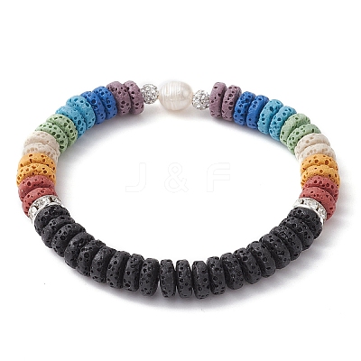 Dyed Natural Lava Rock & Pearl Beaded Stretch Bracelet BJEW-JB09724-1