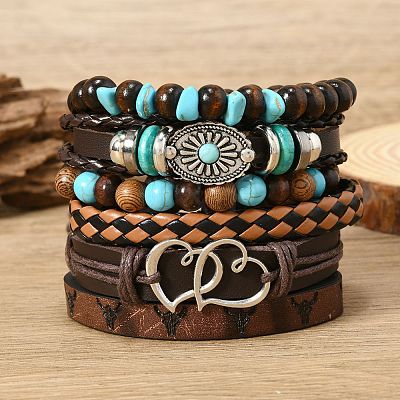 6Pcs 6 Styles Wood & Synthetic Turquoise Beaded Stretch Bracelets & Alloy Synthetic Turquoise Link Bracelets & Retro PU Leather Cord Bracelets for Men's FS-WG129F8-02-1