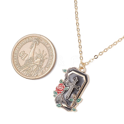 Halloween Alloy Black and Red Enamel Rose Cross Coffin Shaped Pendant Brass Cable Chain Necklaces NJEW-JN05367-1