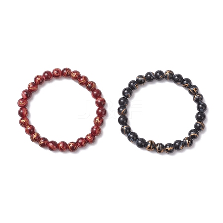 2Pcs Round Baking Paint Drawbench Style Glass Beaded Stretch Bracelet Sets BJEW-JB12652-1
