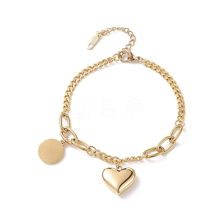 Heart & Flat Round Stainless Steel Charm Bracelet for Women STAS-P304-30G-1