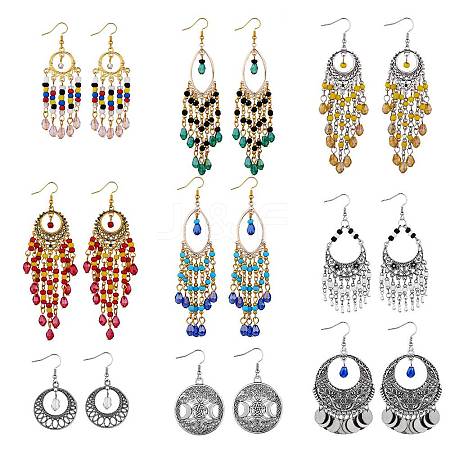 9Pairs 9 Style Horse Eye & Ring & Coin Chandelier Earrings EJEW-SW00010-1
