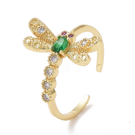 Green Cubic Zirconia Dragonfly Open Ring X-RJEW-P032-33G-1