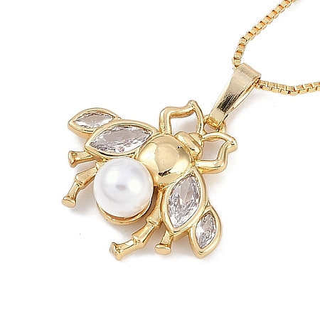 Rack Plating Brass Clear Cubic Zirconia Bee Pendant Box Chain Necklaces NJEW-P317-05G-1