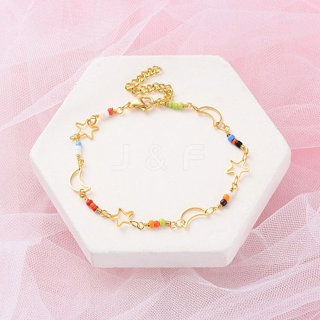 Star & Moon Brass Link Bracelets for Woman BJEW-S157-01G-1