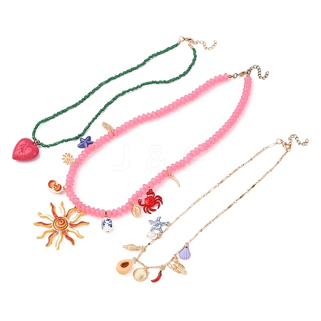 Alloy Enamel Sun Heart Starfish Shell Shape Pendant 3 Layer Necklaces for Women NJEW-F357-03KCG-1