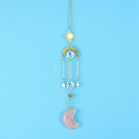 Rose Quartz Moon Sun Catcher Hanging Ornaments HJEW-PW0002-11C-1