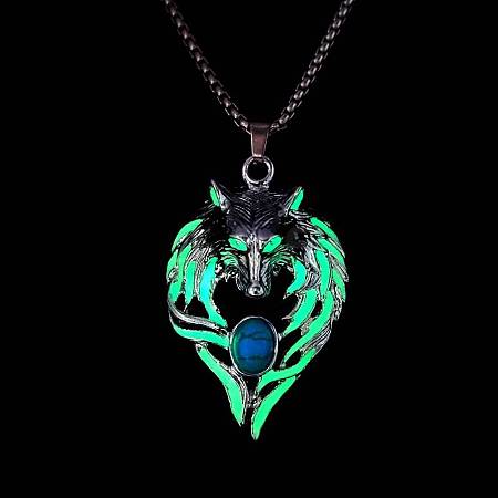 Luminous Glow In The Dark Enamel Wolf Pendant Necklace with Synthetic Turquoise Beaded LUMI-PW0006-66B-1