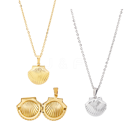 FIBLOOM 2Pcs 2 Colors Titanium Steel Shell Shape Locket Pendant Necklaces Set NJEW-FI0001-28-1