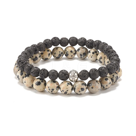 2Pcs 2 Style Natural Dalmatian Jasper & Lava Rock Stretch Bracelets Set BJEW-JB08193-02-1