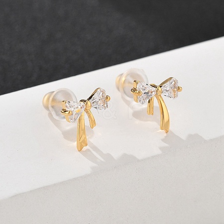 Bowkont Brass Micro Pave Clear Cubic Zirconia Stud Earrings EJEW-B131-03G-1