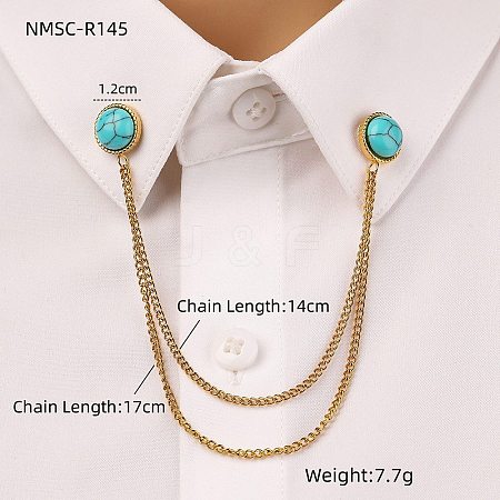 304 Stainless Steel Pave Dyed Synthetic Turquoise Hanging Chain Brooch JEWB-S021-04G-04-1