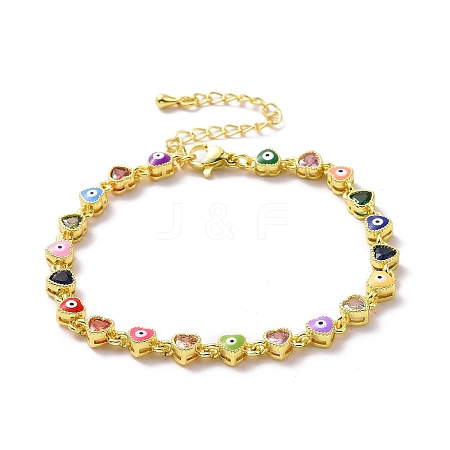 Enamel Evil Eye & Cubic Zirconia Heart Link Chain Bracelet BJEW-H555-01C-1