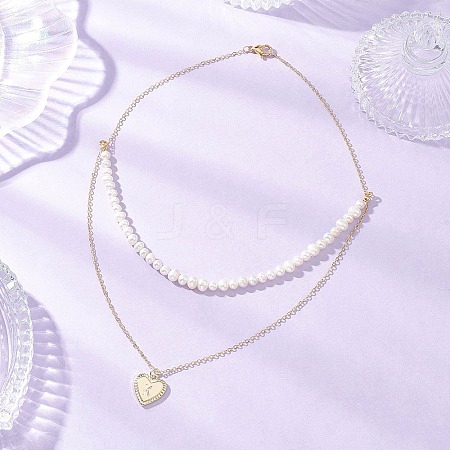 Natural Cultured Freshwater Pearl Potato Beaded Brass Heart with Letter Pendant Double Layer Necklaces NJEW-JN05392-01-1
