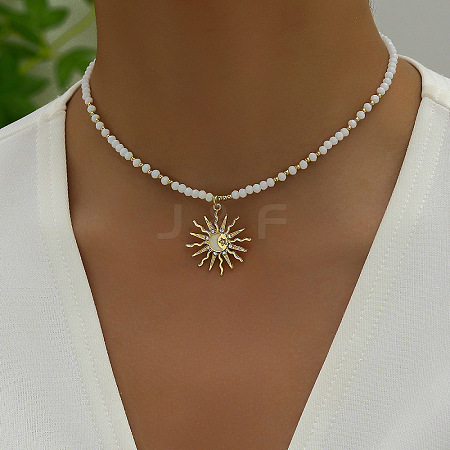 Glass and CCB Plastic Beaded Alloy Pendant Necklace FS-WG08D0F-02-1-1