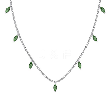 Rhodium Plated 925 Sterling Silver Pave Green Cubic Zirconia Cable Chain Horse Eye Tassel Necklaces for Women NJEW-Q342-13P-1