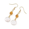 Flat Round Natural Amber & Keshi Pearl Dangle Earrings EJEW-JE07360-01-4