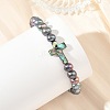 Dyed Natural Cultured Freshwater Pearl Round Beaded Bracelets with Religion Cross Natural Paua Shell for Women BJEW-JB14274-2