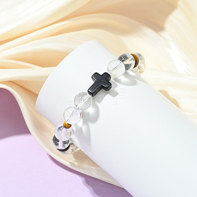 8MM Round Natural Quartz Crystal & Tiger Eye & Dyed Synthetic Turquoise Black Cross Beaded Stretch Bracelets for Women Men BJEW-TA00741-1