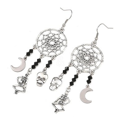 Halloween 304 Stainless Steel & Alloy & Glass Skull & Skeleton & Moon Dangle Earrings EJEW-TA00831-1