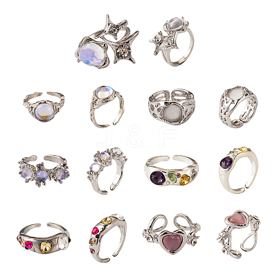 7Pcs 7 Style Rhinestone Heart & Star & Half Round Open Cuff Rings Set with Cat Eye Beaded RJEW-TA0001-03-1