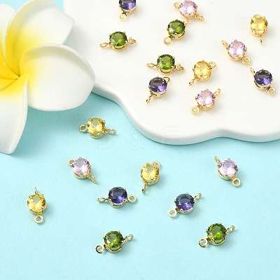 20Pcs 4 Colors Brass Pave Cubic Zirconia Flat Round Connector Charms KK-YW0004-68-1