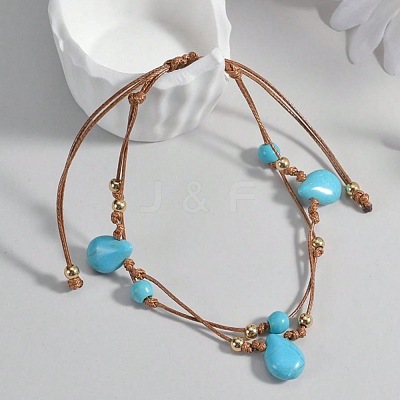 Bohemian Style Teardrop Synthetic Turquoise & CCB Plastic Round Waxed Cord Braided Double Layer Anklets for Women FS-WGDC0FD-01-1