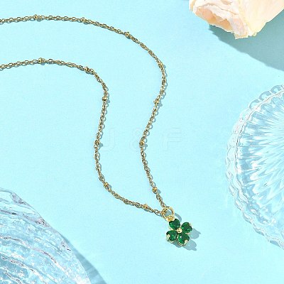 Saint Patrick's Day Brass Pave Cubic Zirconia Green Four-Leaf Clover Pendant 304 Stainless Steel Satellite Chain Necklaces NJEW-JN06677-1