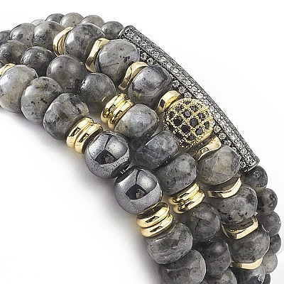 4Pcs 4 Style Natural Larvikite & Synthetic Hematite Stretch Bracelets Set with Cubic Zirconia Column Beaded BJEW-JB08830-1