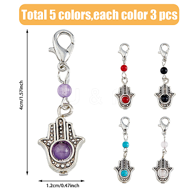 Round Gemstone & Alloy Hamsa Hand Pendant Decoration HJEW-AB00357-1