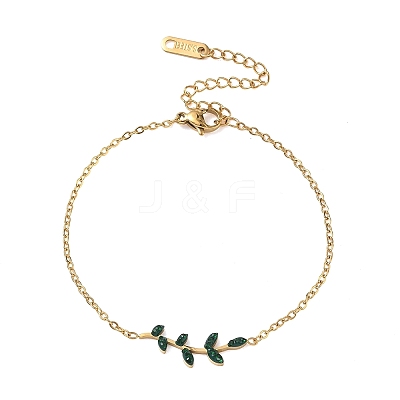 304 Stainless Steel Rhinestone Leaf Link Bracelets SA-CBA5F76-03G-03-1