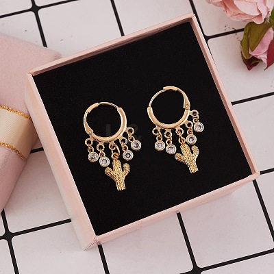 Cactus Brass Dangle Huggie Hoop Earrings EJEW-SW00001-05-1
