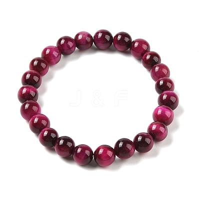 8mm Round Dyed Natural Magenta Tiger Eye Beaded Stretch Bracelets for Women Men BJEW-M318-01-1