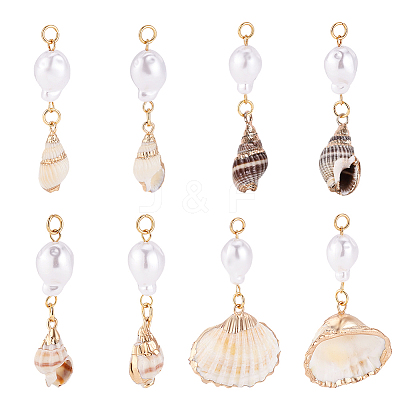 8Pcs 4 Styles Natural Spiral Shell Pendants and ABS Plastic Imitation Pearl Beads PALLOY-PH01748-1