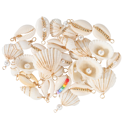 32Pcs 8 Styles Natural Mixed Shell Copper Wire Wrapped Pendants FIND-SC0015-47-1