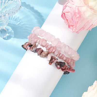 3Pcs Natural Rose Quartz & Natural Rhodonite & Natural Pink Opal Chip Beaded Stretch Bracelet Sets BJEW-JB10858-1