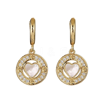 Heart with Flat Round Brass Micro Pave Clear Cubic Zirconia Hoop Earrings KK-D363-11A-G-1