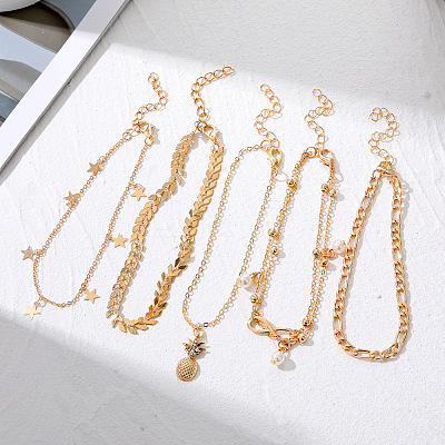 Alloy & Imitation Pearl Round Star Pineapple Charm 5 Layer Anklets for Women FS-WG8DB57-01-1