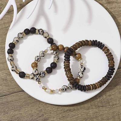 3Pcs 3 Style Natural Lava Rock & Dalmation Jasper & Coconut Beaded Stretch Bracelets Set BJEW-JB09810-1