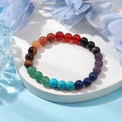 Chakra 8mm Round Natural Golden Sheen Obsidian & Amethyst & Lapis Lazuli & Tiger Eye & Green Aventurine & Carnelian & Red Aventurine BJEW-JB10624-02-1