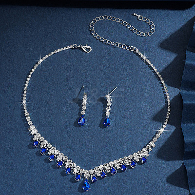 Teardrop Alloy Rhinestone Pendant Necklace & Stud Earring FS-WG7372C-01-1