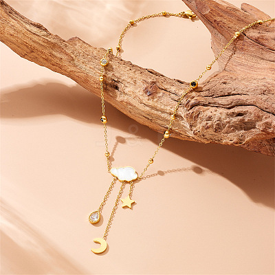 304 Stainless Steel Pave Clear Cubic Zirconia with Natural White Shell Cloud with Moon Star Tassel Pendant Necklaces for Women FS-WG2EBDD-01-1