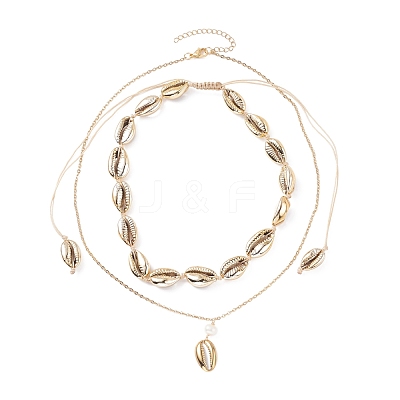 Natural Cowrie Shell Natural Pearl Pendant Necklaces NJEW-JN03745-1