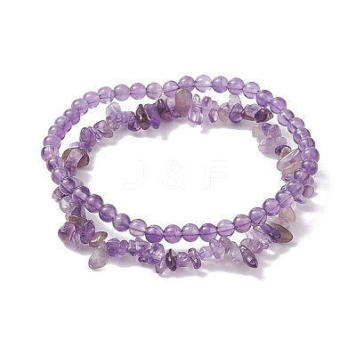 Chip & Round Natural Amethyst Beaded Stretch Bracelets for Women BJEW-JB10189-03-1