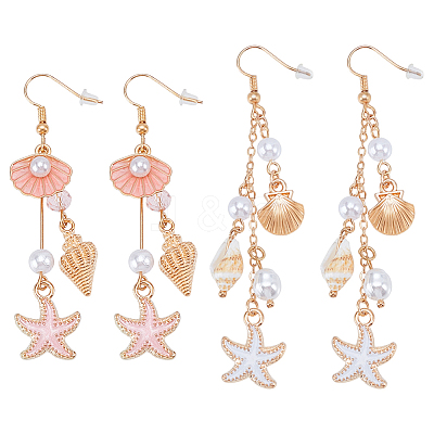2 Pairs 2 Styles Alloy Enamel Starfish with Shell Shape Dangle Earrings EJEW-GA0001-10-1