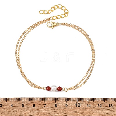White Round Shell Pearl & Natural Carnelian Beads Anklets AJEW-AN00835-02-1