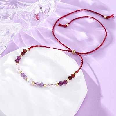 Faceted Round Natural Amethyst & Quartz Crystal Braided Bead Bracelets BJEW-F493-09G-05-1