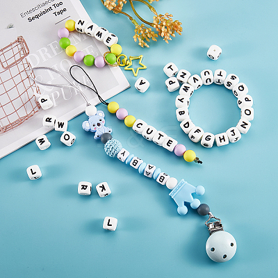 20Pcs White Cube Letter Silicone Beads 12x12x12mm Square Dice Alphabet Beads with 2mm Hole Spacer Loose Letter Beads for Bracelet Necklace Jewelry Making JX432D-1